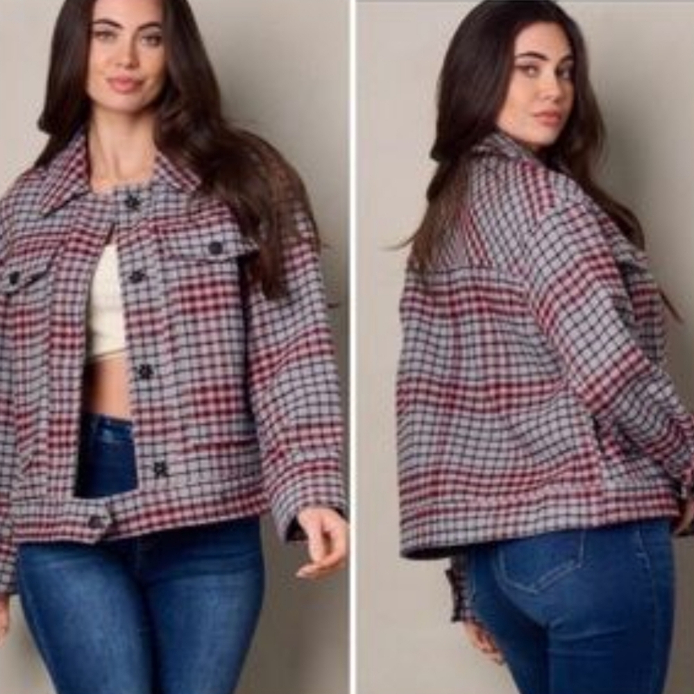 Plaid Button-Front Shacket Jacket - Red/Grey